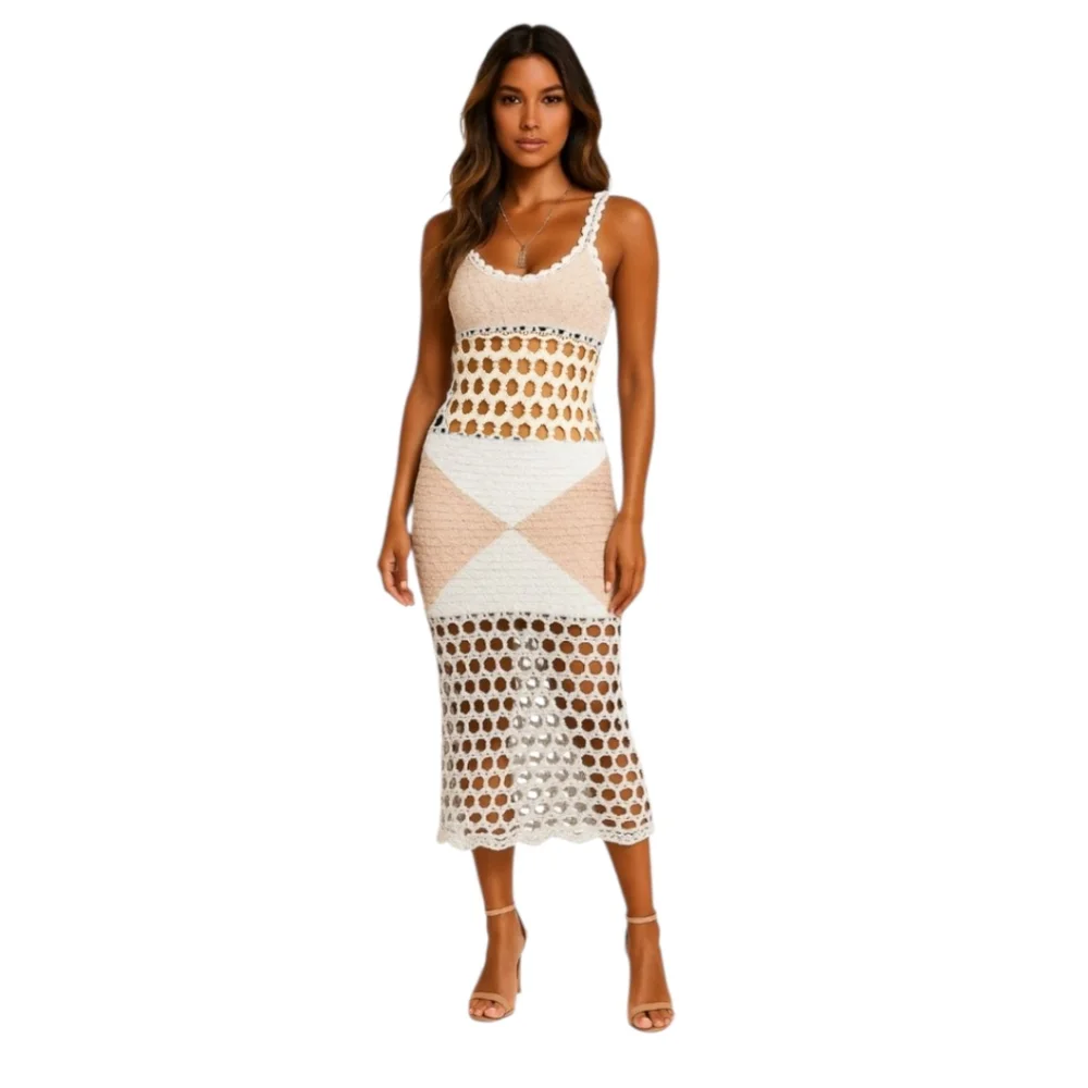 HANDCRAFTED Crochet Macrame Knit Dress Festival Midaxi Swim Cover Cream Tan S 4 - Picture 1 of 11